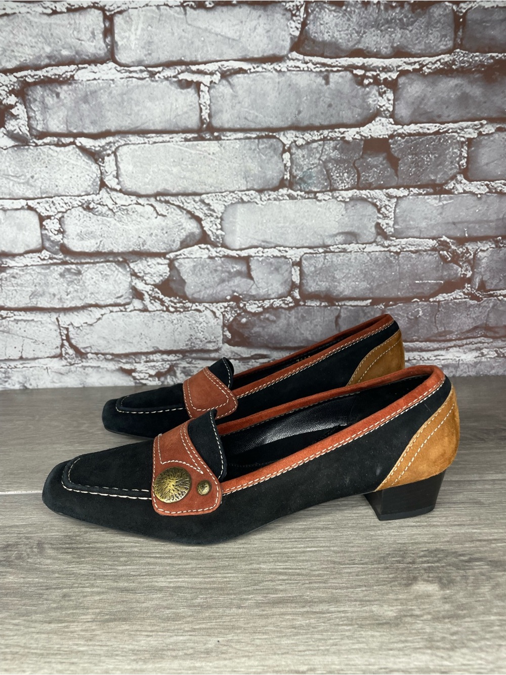 VTG Amalfi Rangoni Black Suede Brown Metal Square Toe Pumps Heels Women’s 7.5AA